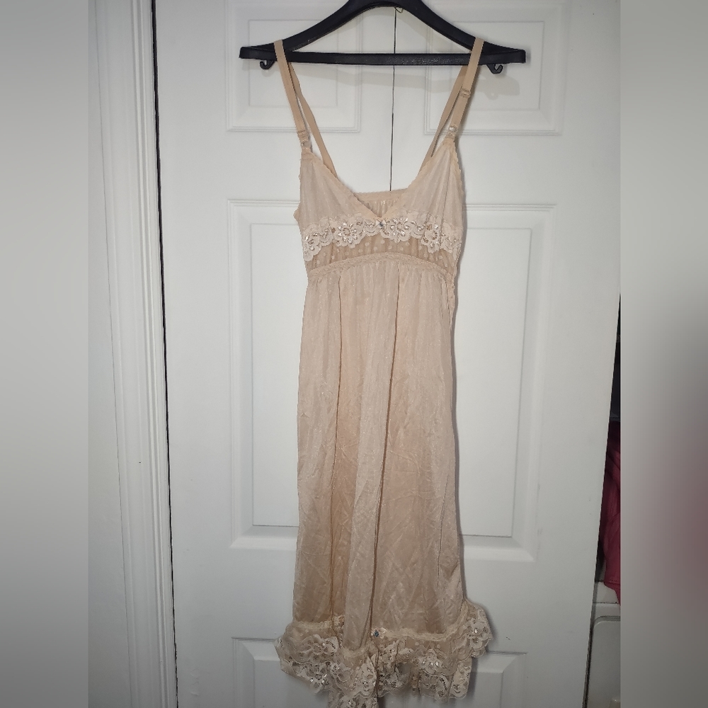 Vintage Blush Peach Sheer Babydoll Night Dress Lingerie Flower Adjustable Straps
